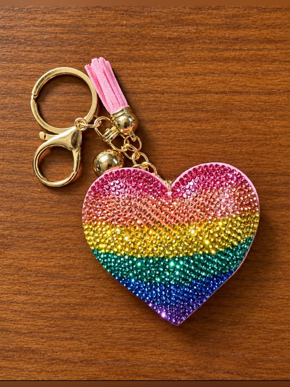 Rainbow Rhinestone Heart Keychain with Pink Tassel